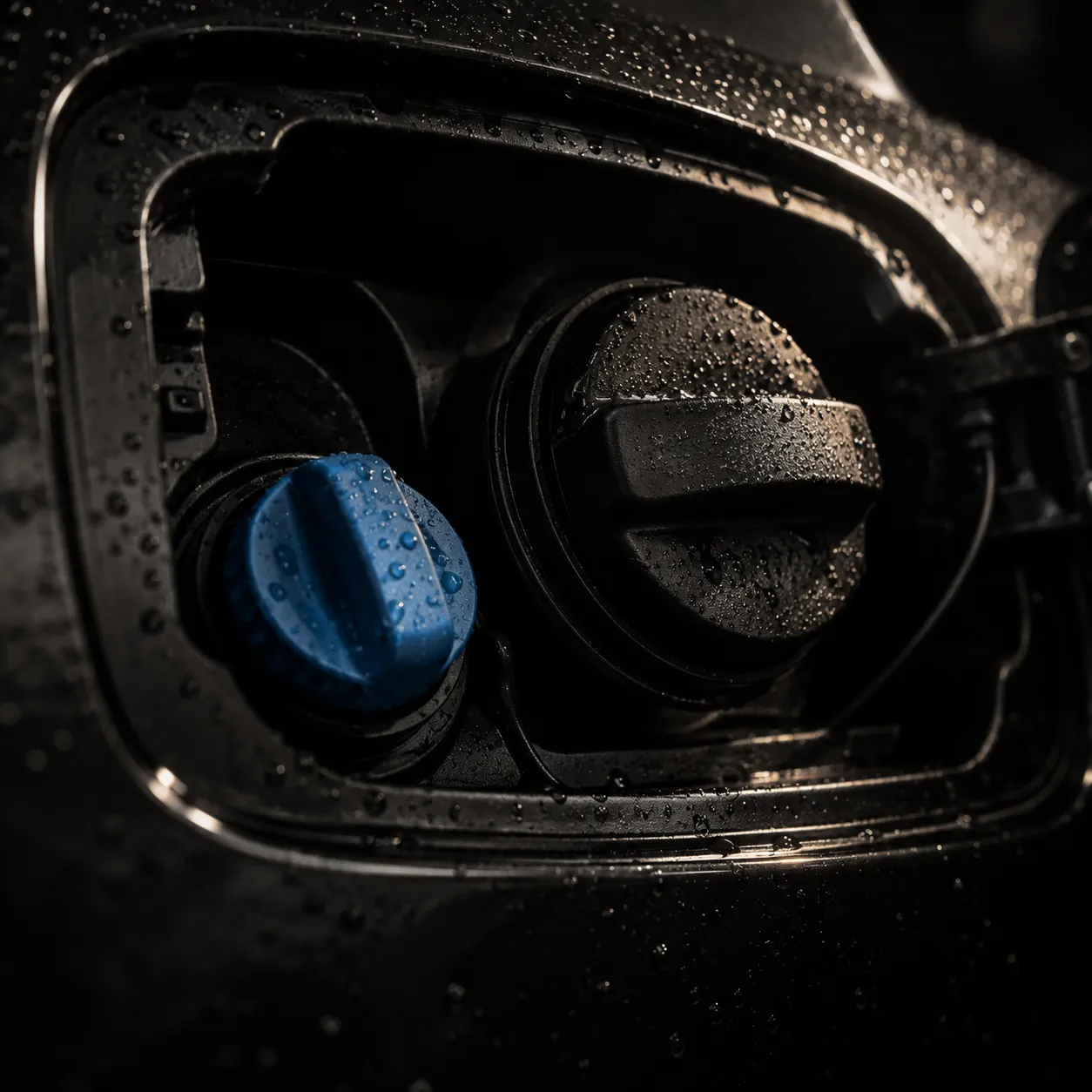 Blue AdBlue filler cap beside the diesel cap