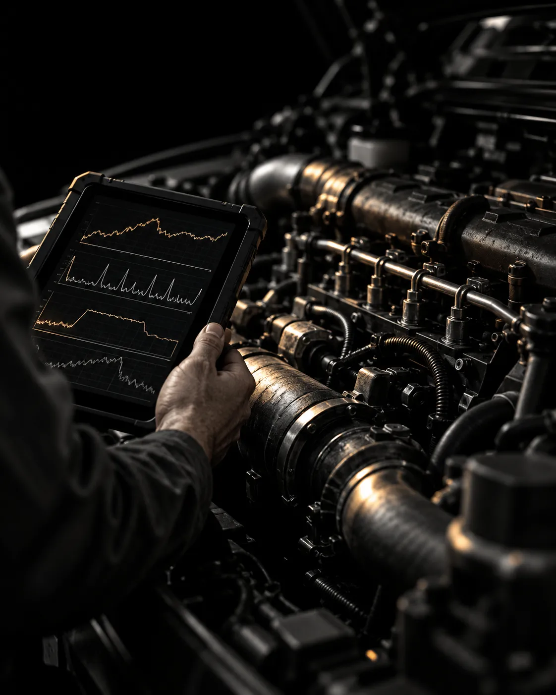 Technician reading live data on a diagnostic tablet over a diesel engine