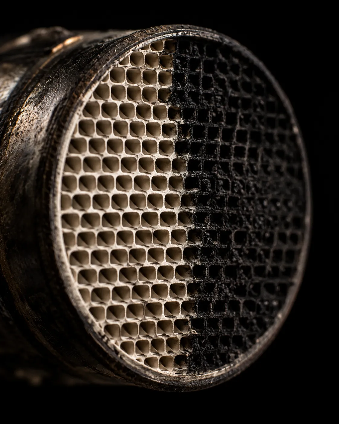 Diesel particulate filter face, half cleaned and half blocked with soot