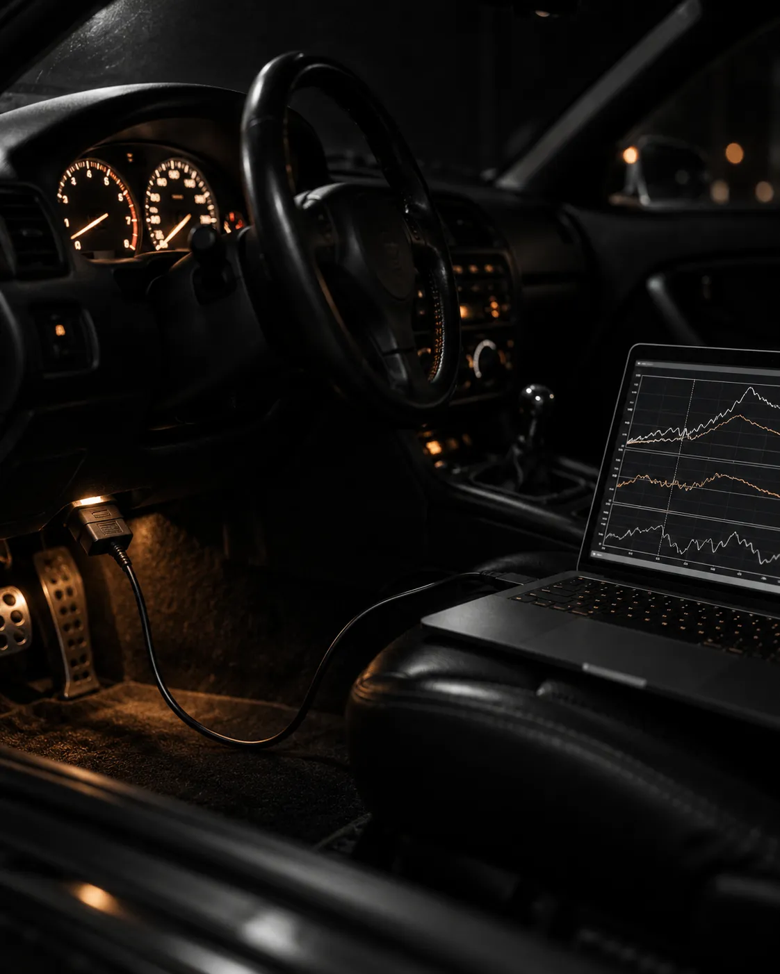 Laptop showing live engine data, connected to a car's OBD port