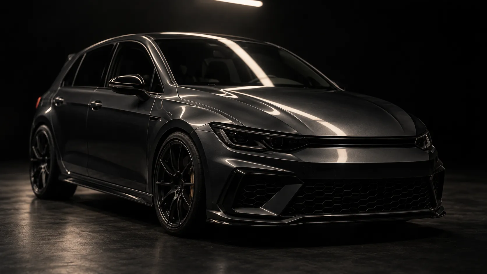 Dark grey performance hatchback under a single studio light