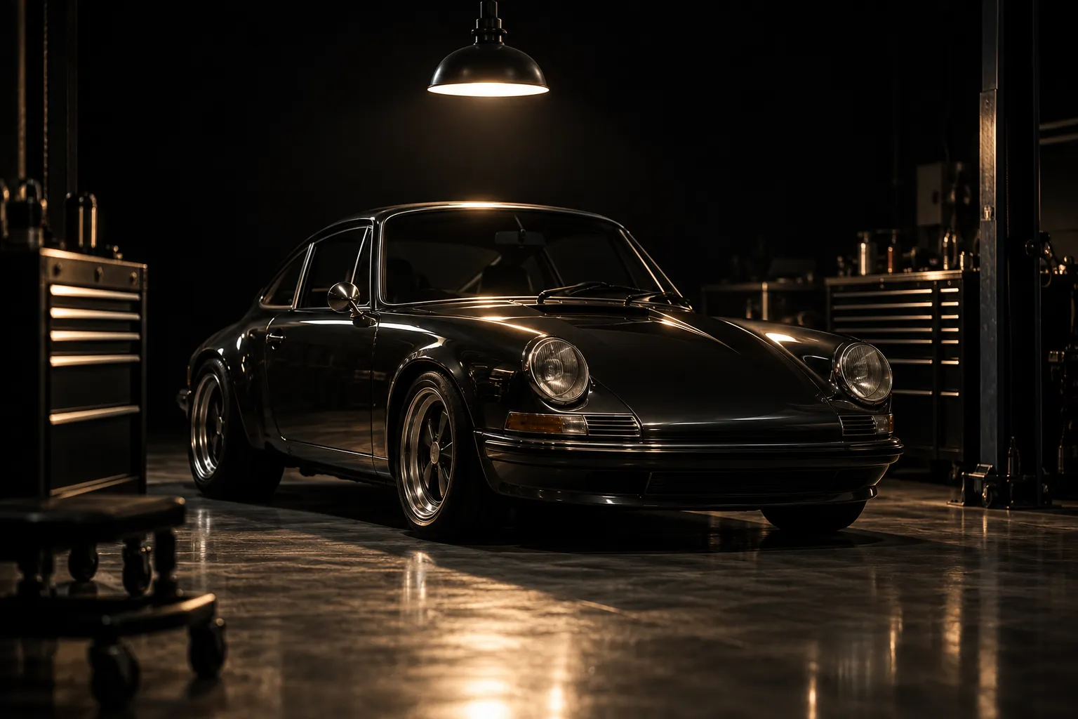Classic sports car under a pendant light in a dark workshop